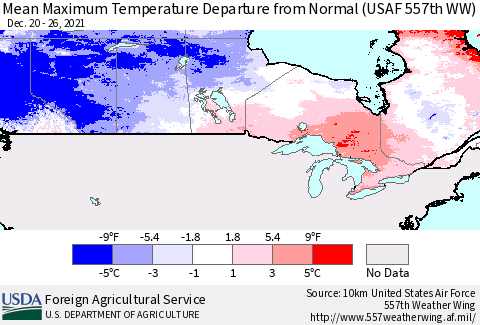 Canada Mean Maximum Temperature Departure from Normal (USAF 557th WW) Thematic Map For 12/20/2021 - 12/26/2021
