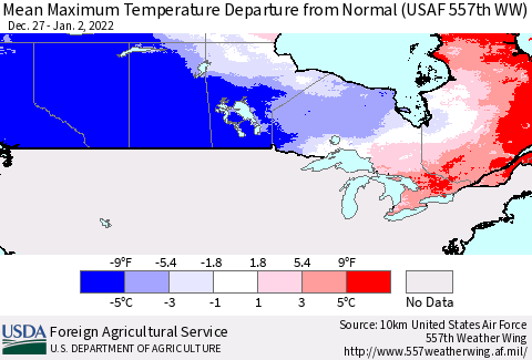 Canada Mean Maximum Temperature Departure from Normal (USAF 557th WW) Thematic Map For 12/27/2021 - 1/2/2022