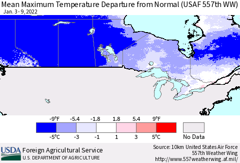 Canada Mean Maximum Temperature Departure from Normal (USAF 557th WW) Thematic Map For 1/3/2022 - 1/9/2022