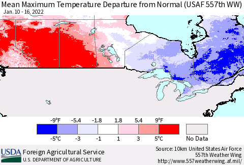 Canada Mean Maximum Temperature Departure from Normal (USAF 557th WW) Thematic Map For 1/10/2022 - 1/16/2022