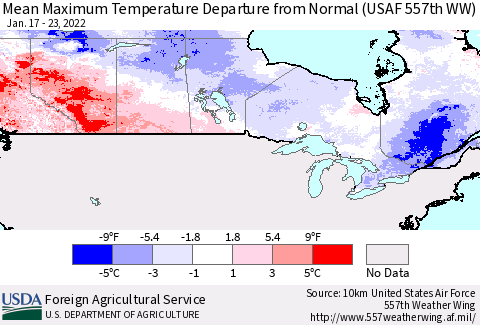 Canada Mean Maximum Temperature Departure from Normal (USAF 557th WW) Thematic Map For 1/17/2022 - 1/23/2022
