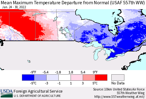 Canada Mean Maximum Temperature Departure from Normal (USAF 557th WW) Thematic Map For 1/24/2022 - 1/30/2022