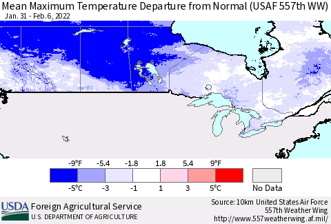 Canada Mean Maximum Temperature Departure from Normal (USAF 557th WW) Thematic Map For 1/31/2022 - 2/6/2022
