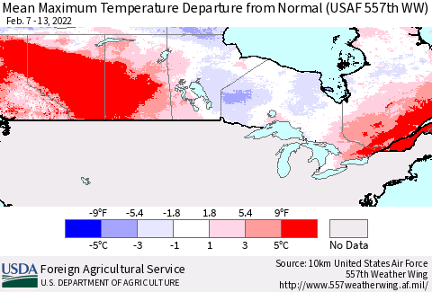 Canada Mean Maximum Temperature Departure from Normal (USAF 557th WW) Thematic Map For 2/7/2022 - 2/13/2022