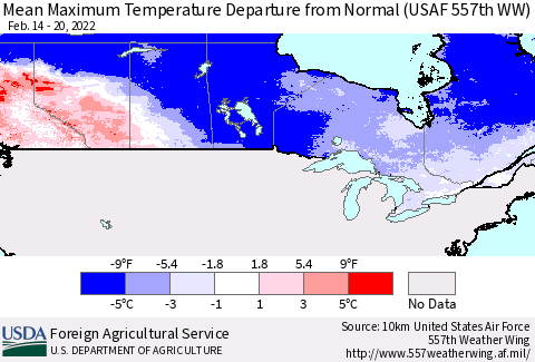 Canada Mean Maximum Temperature Departure from Normal (USAF 557th WW) Thematic Map For 2/14/2022 - 2/20/2022