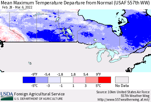 Canada Mean Maximum Temperature Departure from Normal (USAF 557th WW) Thematic Map For 2/28/2022 - 3/6/2022