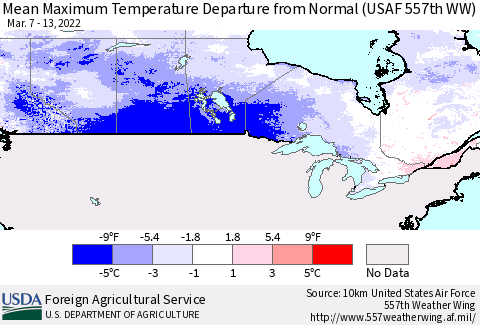 Canada Mean Maximum Temperature Departure from Normal (USAF 557th WW) Thematic Map For 3/7/2022 - 3/13/2022