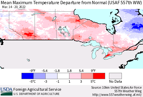 Canada Mean Maximum Temperature Departure from Normal (USAF 557th WW) Thematic Map For 3/14/2022 - 3/20/2022