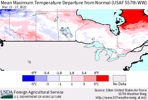 Canada Mean Maximum Temperature Departure from Normal (USAF 557th WW) Thematic Map For 3/21/2022 - 3/27/2022