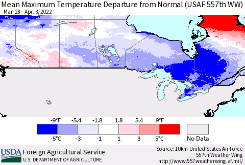 Canada Mean Maximum Temperature Departure from Normal (USAF 557th WW) Thematic Map For 3/28/2022 - 4/3/2022