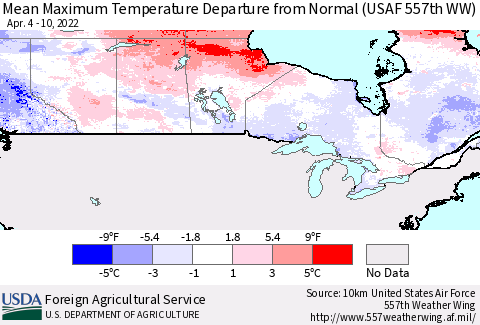 Canada Mean Maximum Temperature Departure from Normal (USAF 557th WW) Thematic Map For 4/4/2022 - 4/10/2022