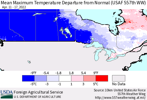 Canada Mean Maximum Temperature Departure from Normal (USAF 557th WW) Thematic Map For 4/11/2022 - 4/17/2022