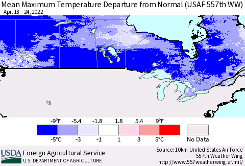 Canada Mean Maximum Temperature Departure from Normal (USAF 557th WW) Thematic Map For 4/18/2022 - 4/24/2022