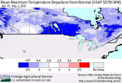 Canada Mean Maximum Temperature Departure from Normal (USAF 557th WW) Thematic Map For 4/25/2022 - 5/1/2022