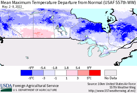 Canada Mean Maximum Temperature Departure from Normal (USAF 557th WW) Thematic Map For 5/2/2022 - 5/8/2022