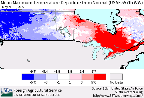 Canada Mean Maximum Temperature Departure from Normal (USAF 557th WW) Thematic Map For 5/9/2022 - 5/15/2022