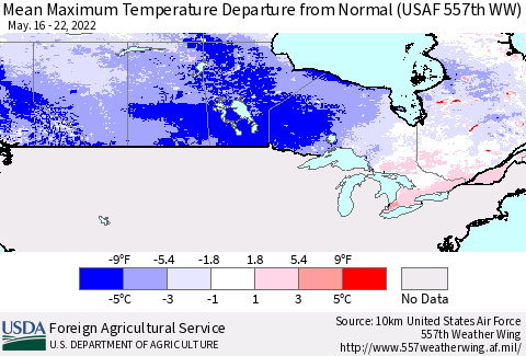 Canada Mean Maximum Temperature Departure from Normal (USAF 557th WW) Thematic Map For 5/16/2022 - 5/22/2022
