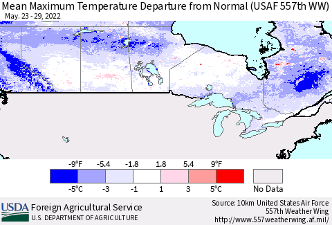 Canada Mean Maximum Temperature Departure from Normal (USAF 557th WW) Thematic Map For 5/23/2022 - 5/29/2022
