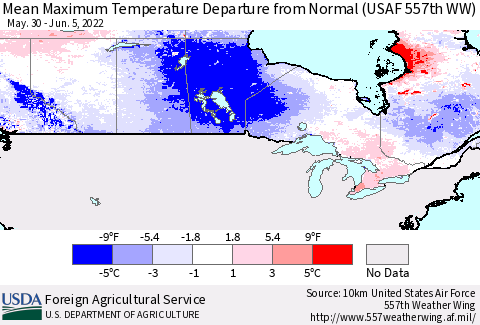 Canada Mean Maximum Temperature Departure from Normal (USAF 557th WW) Thematic Map For 5/30/2022 - 6/5/2022