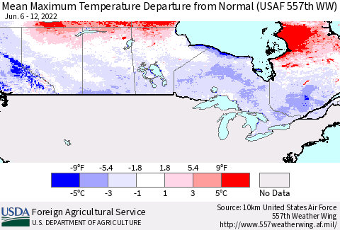 Canada Mean Maximum Temperature Departure from Normal (USAF 557th WW) Thematic Map For 6/6/2022 - 6/12/2022