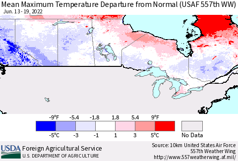 Canada Mean Maximum Temperature Departure from Normal (USAF 557th WW) Thematic Map For 6/13/2022 - 6/19/2022
