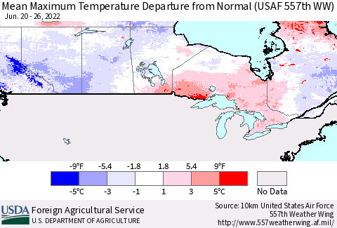 Canada Mean Maximum Temperature Departure from Normal (USAF 557th WW) Thematic Map For 6/20/2022 - 6/26/2022