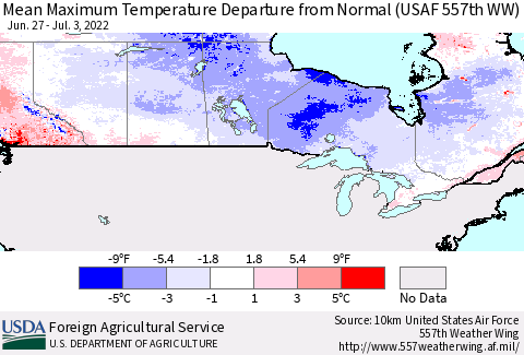 Canada Mean Maximum Temperature Departure from Normal (USAF 557th WW) Thematic Map For 6/27/2022 - 7/3/2022
