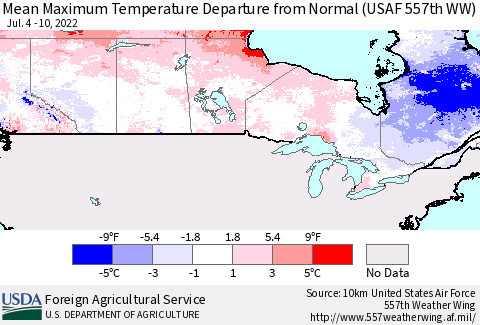 Canada Mean Maximum Temperature Departure from Normal (USAF 557th WW) Thematic Map For 7/4/2022 - 7/10/2022