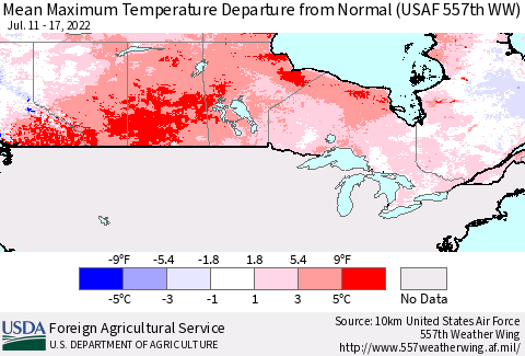 Canada Mean Maximum Temperature Departure from Normal (USAF 557th WW) Thematic Map For 7/11/2022 - 7/17/2022