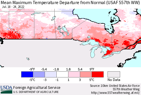 Canada Mean Maximum Temperature Departure from Normal (USAF 557th WW) Thematic Map For 7/18/2022 - 7/24/2022