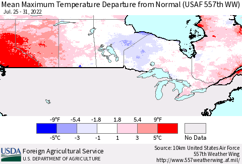Canada Mean Maximum Temperature Departure from Normal (USAF 557th WW) Thematic Map For 7/25/2022 - 7/31/2022
