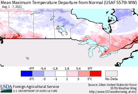 Canada Mean Maximum Temperature Departure from Normal (USAF 557th WW) Thematic Map For 8/1/2022 - 8/7/2022