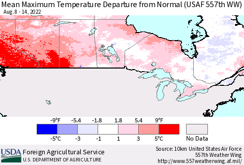 Canada Mean Maximum Temperature Departure from Normal (USAF 557th WW) Thematic Map For 8/8/2022 - 8/14/2022