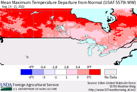 Canada Mean Maximum Temperature Departure from Normal (USAF 557th WW) Thematic Map For 8/15/2022 - 8/21/2022