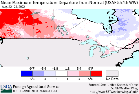 Canada Mean Maximum Temperature Departure from Normal (USAF 557th WW) Thematic Map For 8/22/2022 - 8/28/2022