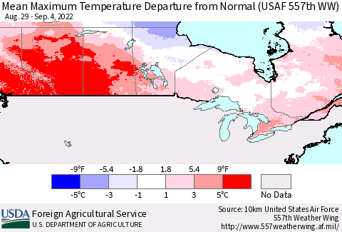 Canada Mean Maximum Temperature Departure from Normal (USAF 557th WW) Thematic Map For 8/29/2022 - 9/4/2022