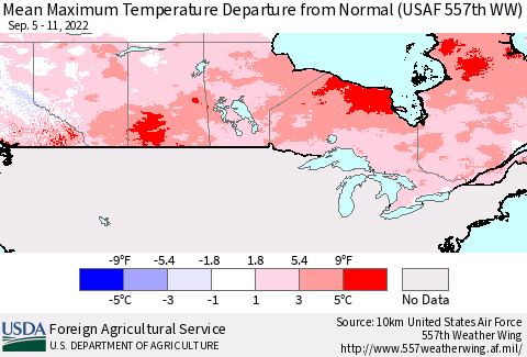 Canada Mean Maximum Temperature Departure from Normal (USAF 557th WW) Thematic Map For 9/5/2022 - 9/11/2022