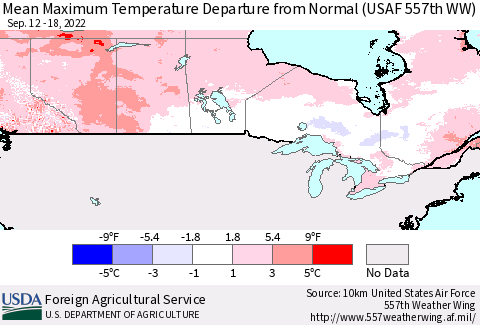 Canada Mean Maximum Temperature Departure from Normal (USAF 557th WW) Thematic Map For 9/12/2022 - 9/18/2022