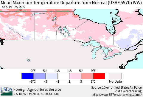 Canada Mean Maximum Temperature Departure from Normal (USAF 557th WW) Thematic Map For 9/19/2022 - 9/25/2022