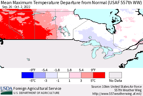 Canada Mean Maximum Temperature Departure from Normal (USAF 557th WW) Thematic Map For 9/26/2022 - 10/2/2022