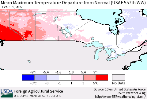 Canada Mean Maximum Temperature Departure from Normal (USAF 557th WW) Thematic Map For 10/3/2022 - 10/9/2022