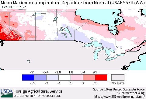Canada Mean Maximum Temperature Departure from Normal (USAF 557th WW) Thematic Map For 10/10/2022 - 10/16/2022