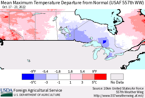 Canada Mean Maximum Temperature Departure from Normal (USAF 557th WW) Thematic Map For 10/17/2022 - 10/23/2022