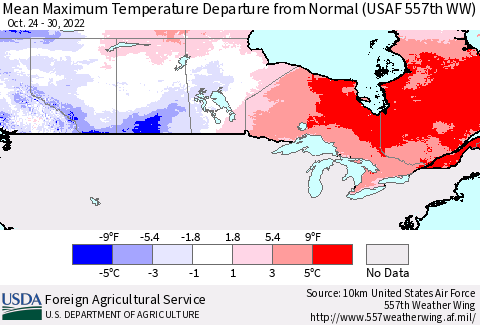 Canada Mean Maximum Temperature Departure from Normal (USAF 557th WW) Thematic Map For 10/24/2022 - 10/30/2022