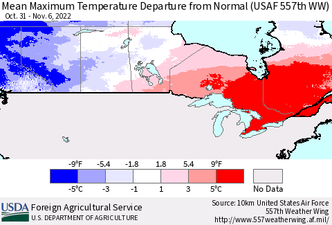 Canada Mean Maximum Temperature Departure from Normal (USAF 557th WW) Thematic Map For 10/31/2022 - 11/6/2022