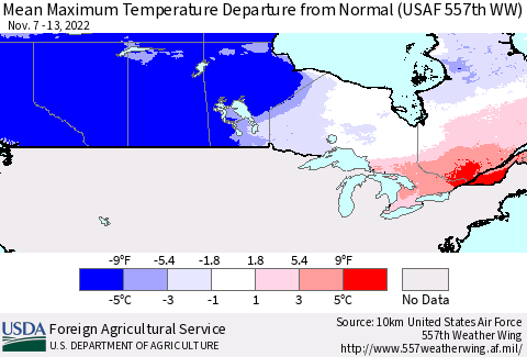 Canada Mean Maximum Temperature Departure from Normal (USAF 557th WW) Thematic Map For 11/7/2022 - 11/13/2022