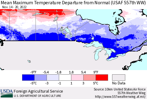 Canada Mean Maximum Temperature Departure from Normal (USAF 557th WW) Thematic Map For 11/14/2022 - 11/20/2022