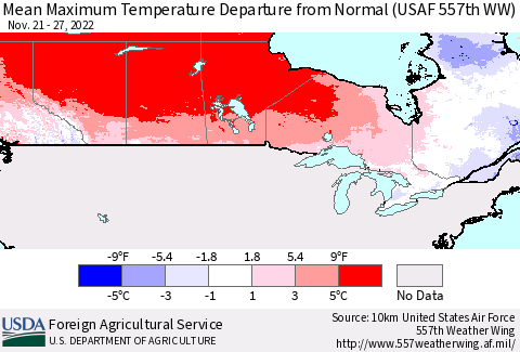 Canada Mean Maximum Temperature Departure from Normal (USAF 557th WW) Thematic Map For 11/21/2022 - 11/27/2022