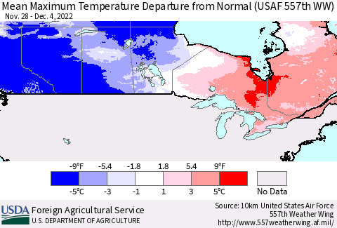 Canada Mean Maximum Temperature Departure from Normal (USAF 557th WW) Thematic Map For 11/28/2022 - 12/4/2022