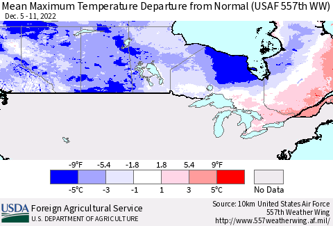 Canada Mean Maximum Temperature Departure from Normal (USAF 557th WW) Thematic Map For 12/5/2022 - 12/11/2022